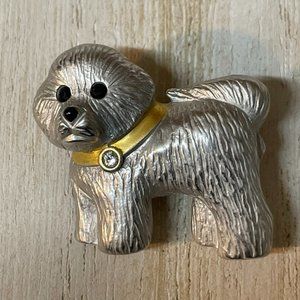 VINTAGE DOG PIN BROOCH MATTE SILVER TONE W/ GOLD ACCENT RHINESTONES